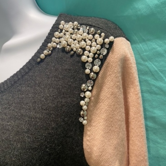 Grey and Pink Sweater Dress with Pearls and Rhinestone Accents - Picture 13 of 16